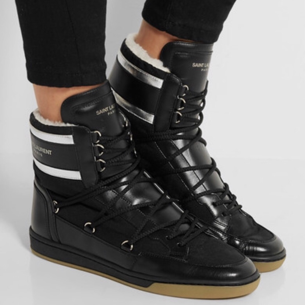 Saint Laurent Black Leather High-Top Sneakers with White and Silver Stripes